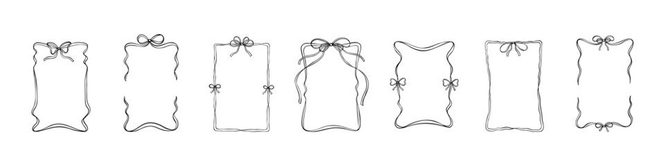 Set of rectangular vertical scroll ribbon frames with cute bows. Menu, bachelorette party, wedding, birthday, Christmas design elements. Coquette stile. Art nouveau motive. Crayon, charcoal drawing