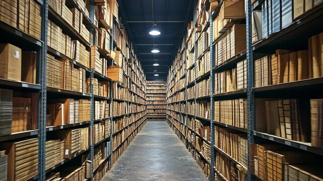 Rows of neatly organized wooden boxes in a large storage facility late in the afternoon
