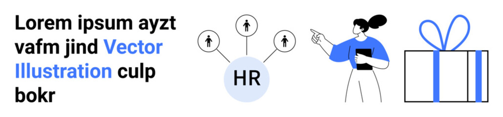 HR icon connected to employees, woman pointing with clipboard, large gift box. Ideal for HR practices, employee management, rewards programs, corporate training, recruitment, career development