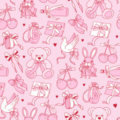 Coquettish Valentine seamless pattern with hand drawn Cherries , teddy, dove and gift with pink bows, hearts. Vintage vector design for wrapping paper and fabric