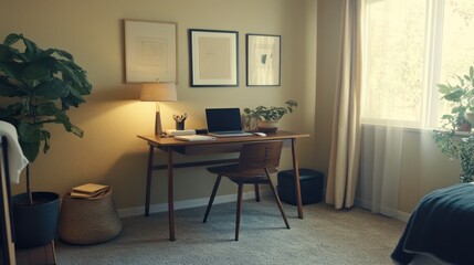 Cozy Home Office Setup near Window with Plants