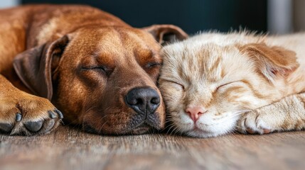 Dog and cat napping peacefully on floor
