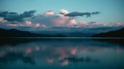 Fototapeta premium Tranquil Lake with Reflected Clouds at Dusk Surrounded by Mountains