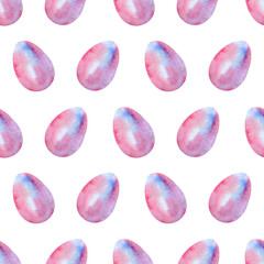 Easter eggs background. Seamless watercolor pattern with blue and pink abstract eggs for wrapping paper, wallpaper, holidays textile, fabric texture