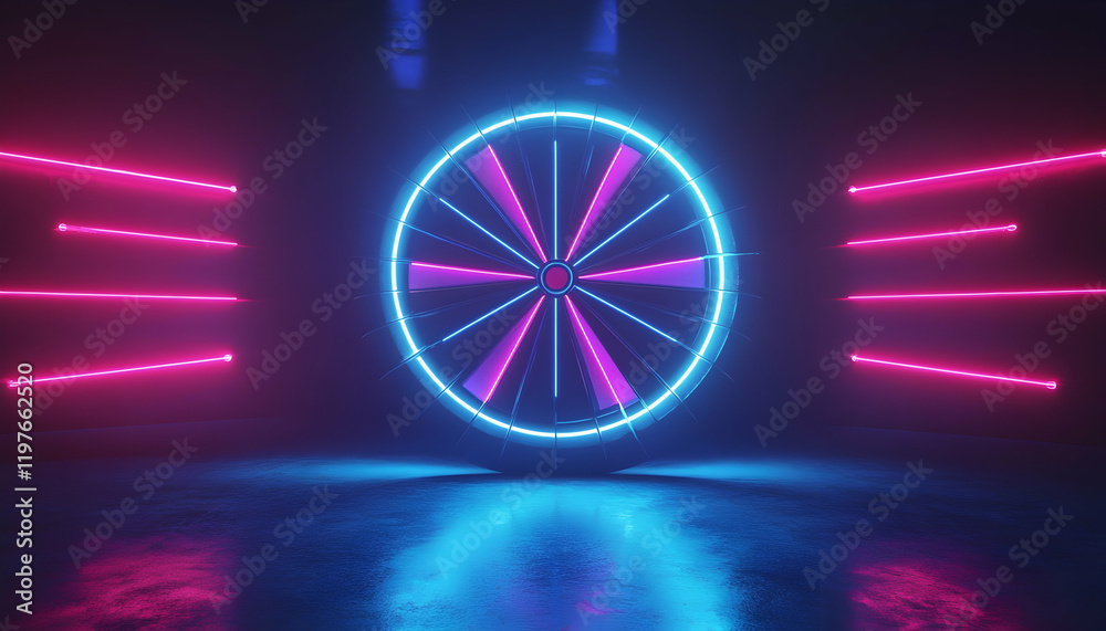 Wall mural dart hitting the bullseye on a neon-lit dartboard symbolizing precision and accuracy -