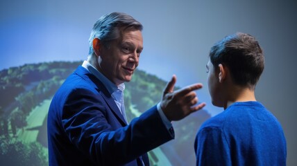 Professor guides student through sustainable city concepts in bluethemed setting