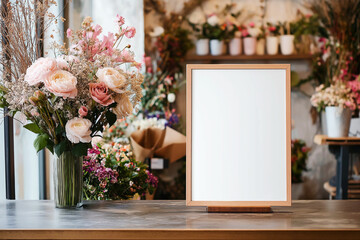 Empty wooden frame with pastel flower bouquet on a counter in a flower shop. Floral display concept with copy space for business promotion and designs