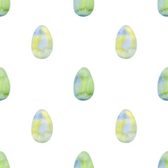 Easter eggs background. Seamless watercolor pattern with green, blue and yellow eggs for wrapping paper, wallpaper, holidays textile, fabric