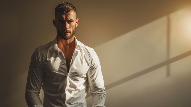 Confident and sophisticated man in light shirt and trousers showcasing casual elegance and style