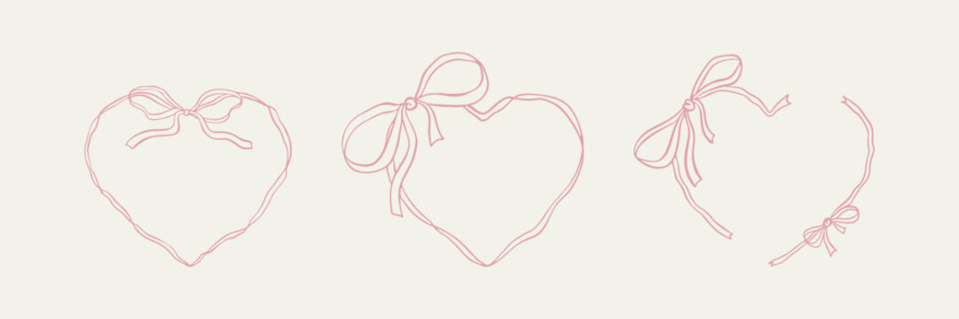 Set of handwritting boho heart ribbon frames. Wedding, ballet, coquette, flirtation, birthday invitation and gift, holiday celebration design elements. Wavy whimsical borders. Cute line doodle