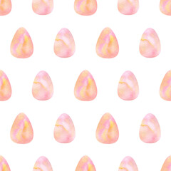 Easter eggs coral background. Seamless watercolor pattern with pink and yellow eggs for wrapping paper, wallpaper, holidays textile, fabric