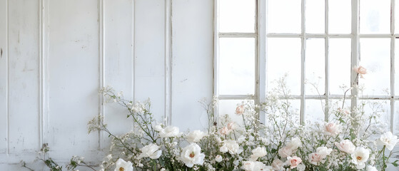 Obraz premium Delicate flowers arranged against a vintage white wall with classic windows for a timeless backdrop -