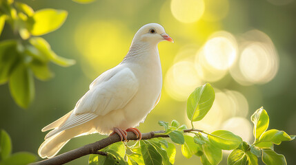 Obraz premium Tranquil white dove perched on a branch amidst lush greenery and sunlit bokeh