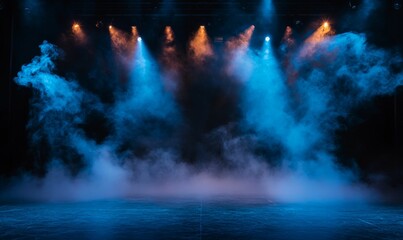 Stage lights illuminate smoky, blue-tinged scene.