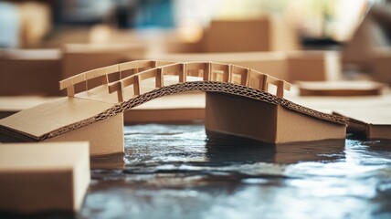 Detailed cardboard model bridge spanning shallow water in miniature layout