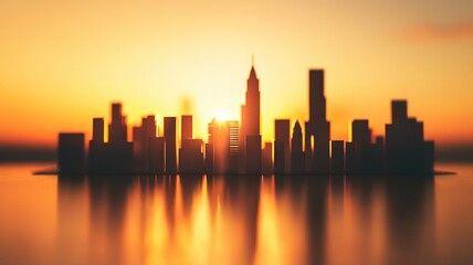 Obraz premium City skyline silhouette at sunset with golden hour lighting reflected in water, serene and dreamy atmosphere