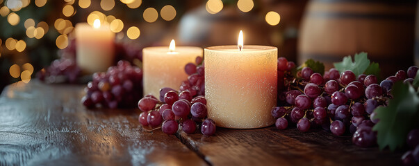 Cozy candlelit setting with grapes on wooden table and warm bokeh lights