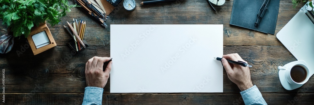 Poster creative workspace with hands holding pen above blank paper ready for notes or artwork. generative a