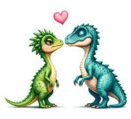 Fototapeta premium Dino Couple in Love - Adorable cartoon dinosaurs, a green and a teal, lovingly gaze at each other, symbolizing affection, companionship, tenderness, prehistoric romance and cuteness.