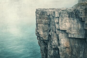 A majestic cliff overlooking a misty ocean, showcasing rugged textures and dramatic depth.