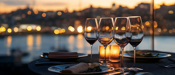 Dining experience with exquisite cuisine and wine overlooking a vibrant harbor view  -