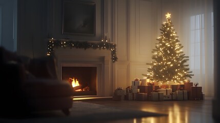 Fototapeta premium Cozy Christmas scene with a decorated tree, presents, a fireplace with a warm fire, and a garland on the mantle. Perfect for holiday cards or winter themes.