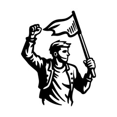A sketchy style icon of a protester character holding a flag