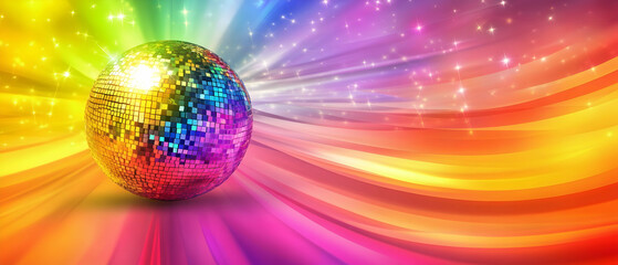 Disco ball casting colorful lights against a multicolor music-themed background, space for text -