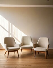 Serene Therapy Room Setup: Three Comfy Armchairs in a Cozy Triangle Formation with a Petite Chair