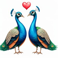 Obraz premium Peacock Couple In Love - Two peacocks face each other, a heart above them symbolizing love, loyalty, beauty, and togetherness. A vibrant illustration of avian romance.