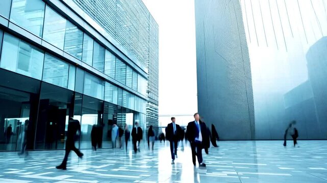 Business people by modern glass office building in the city. Motion lapse of Business Men and women during morning rush hour, with large analog clocks spinning fast, Time and business concept. 4k
