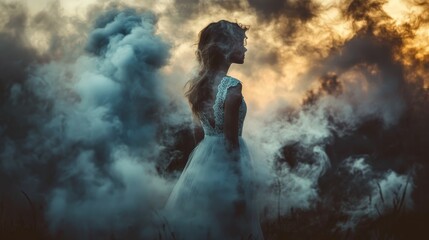 Fototapeta premium Woman in white dress, ethereal smoke, sunset background.