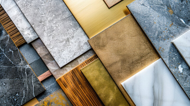 Group of interior material samples including brushed gold stainless, bronze laminated, stone tile, wooden flooring tile, white marble quartz, veneer isolated on background with clipping path.