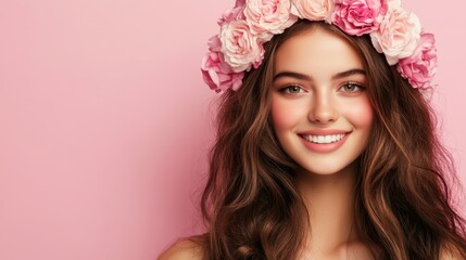Naklejka premium A radiant woman adorned with a delicate flower crown, embodying love and beauty, perfect for a romantic Valentine's Day celebration.
