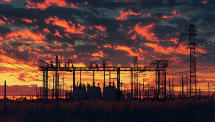 Electrical substation at sunset featuring high voltage equipment against a vivid sky -