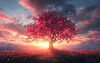 Fototapeta premium Sunrise Valley with Blooming Pink Flowers Digital Art