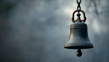 Elegant bronze bell suspended against a soft and simple background -