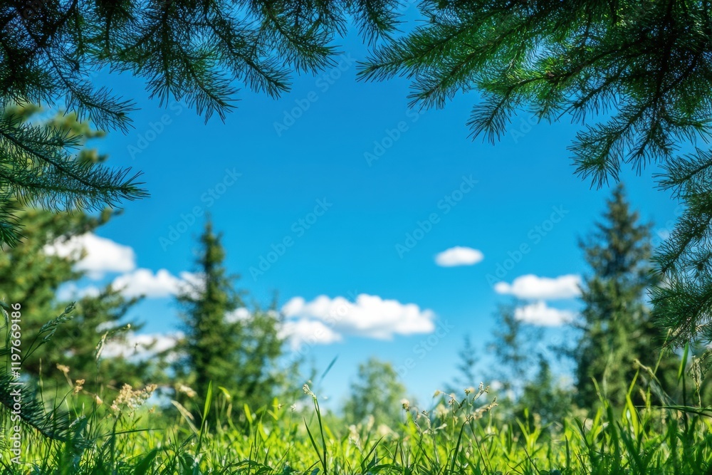 Aufkleber Clear blue sky framed by green pine branches and grassy field under bright sunlight creating an invitation for reflection. Generative AI