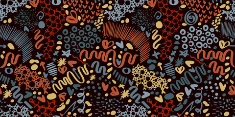 Fun colorful line doodle seamless pattern. Creative abstract art dark background . hand drawing. Not AI, Vector illustration