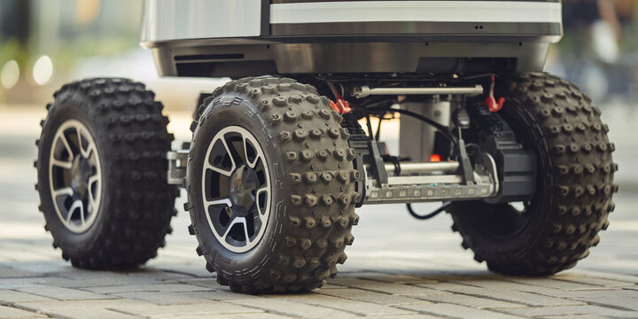 Urban Delivery Robot with Rugged Tires. Close-up of a modern, all-terrain delivery robot, showcasing its durable tires and chassis on a city street.