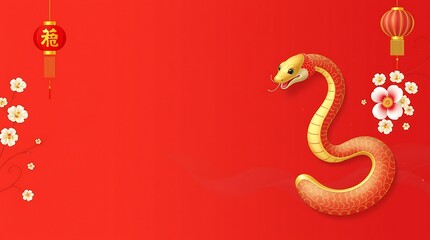 Obraz premium Luxury Red and Gold Chinese New Year 2025 Background – Creative Snake Zodiac Design with Lanterns and Floral Motifs, Chinese New Year copy space background, 2025 Lunar New Year Celebration