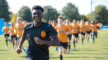 Obraz premium A young Black athlete smiles as he runs in a cross-country race, with a pack of runners blurred in the background on a sunny day.