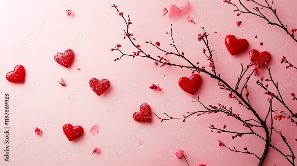 Canvas Prints Red hearts and flowering branch on pink background.