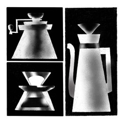 coffee making set, black and white drawing, coffee filter