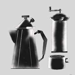 coffee making set, black and white drawing, coffee filter