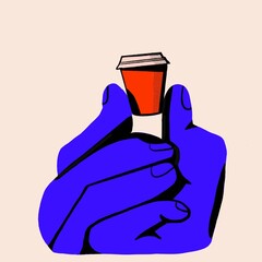 a small cup of coffee in a big blue hand, the hand holds a cup of coffee, illustration, art