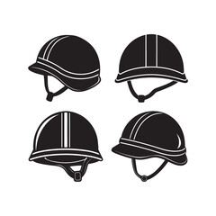 set of military helmet silhouette, black and white silhouette, vector and illustration