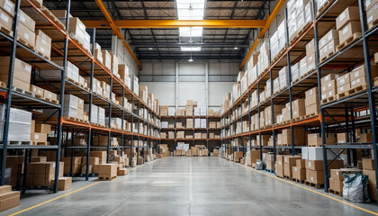 Fototapeta premium Industrial warehouse with high ceilings, organized shelves, and efficient layout.