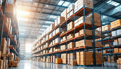 Industrial warehouse with high ceilings, organized shelves, and efficient layout.