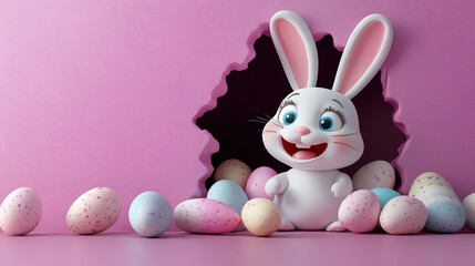 Fototapeta premium Easter bunny colored eggs, pink paper background. Holidays, spring concept, copy space greeting, 3D